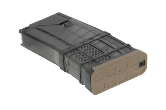 Lancer Systems L5 AWM 20-Round 300 BLK AR-15 magazine is clearly labeled and has an FDE floor plate for fast identification.